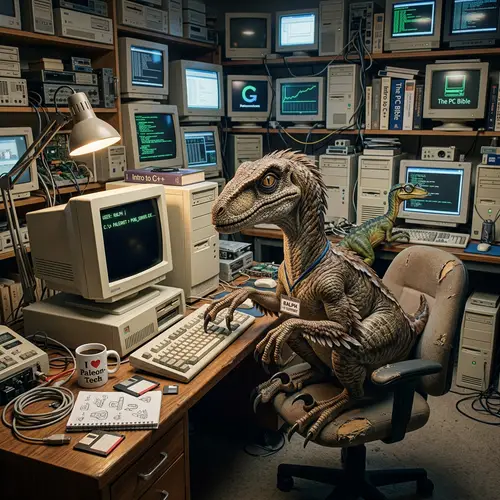 Dinosaur Using Computer in Computer-Filled Room