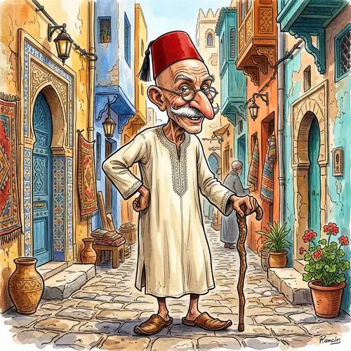 Traditional Tunisian Djebba: Caricature of a Middle-Aged Man
