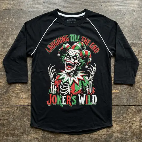 Black Baseball T-Shirt with Joker Skeleton Design