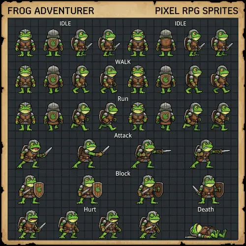Pixel Art RPG Sprite: Humanoid Frog in Light Armor