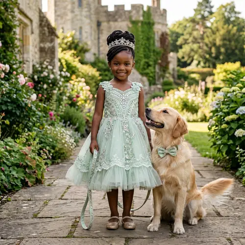 African Princess in Pastel Green Dress with Dog | Little Girl