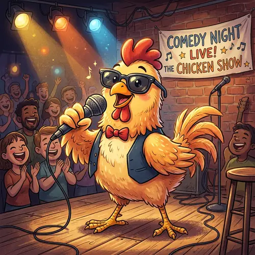 Whimsical Cartoon Chicken with Sunglasses and Microphone
