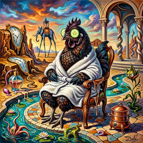 Whimsical Surreal Art: Confident Chicken at Spa