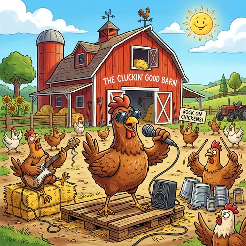 Humorous Chicken Farm Illustration with Sunglasses and Microphone