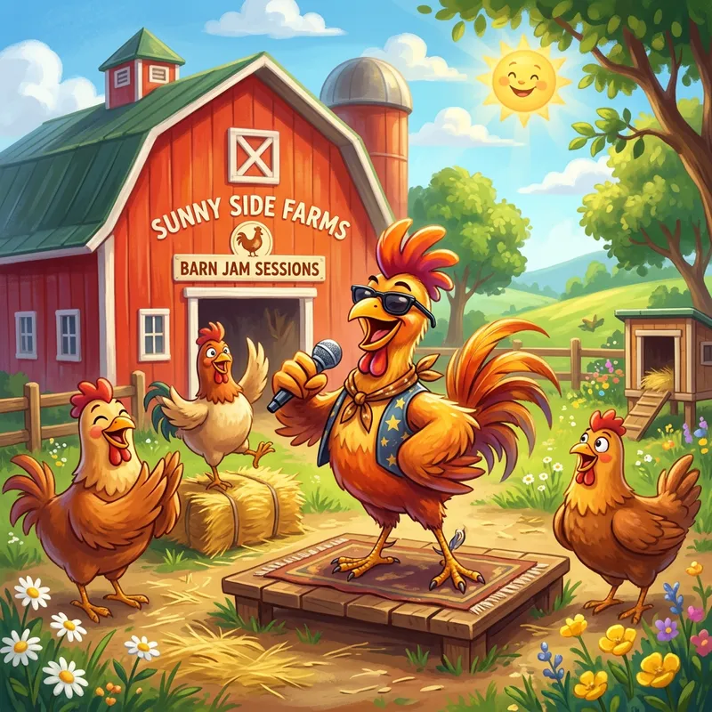 Comical Cartoon Chickens at Red Barn: Vibrant Outdoor Scene Comical Cartoon Chickens at Red Barn: Vibrant Outdoor Scene