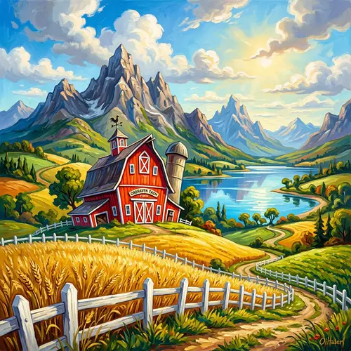 Vivid Rural Landscape with Red Barn, Mountains, and Wheat Field
