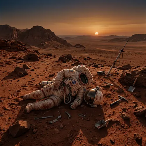 Abandoned Martian Spacesuit in Desolate Landscape