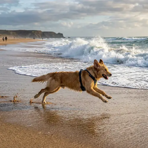 Canine Sprinting on Sandy Beach | Beach Waves Background