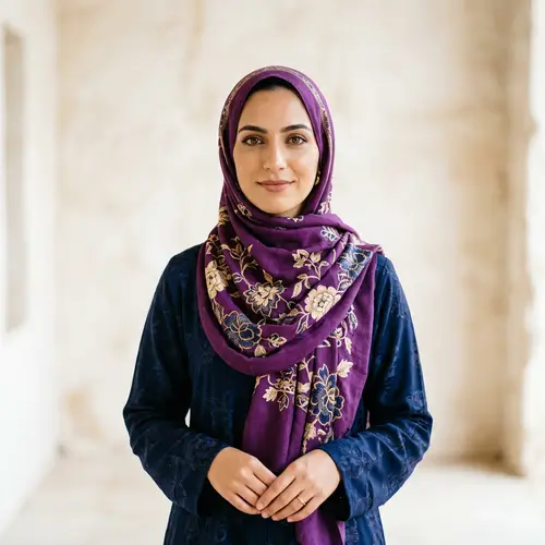 Middle-Eastern Woman in Rich Purple Floral Hijab