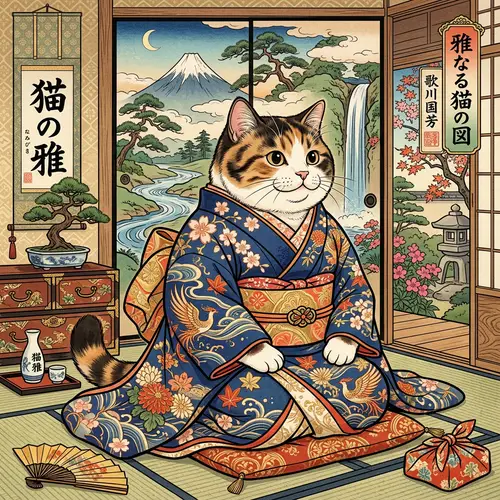 Charming Cat in Luxurious Kimono Ukiyo-e Art