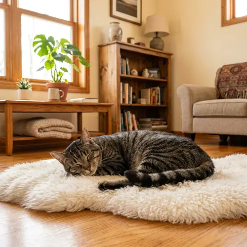 Grey and Black Striped Domestic Short-Haired Cat on Fluffy White Rug