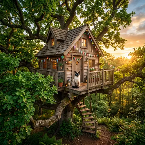 Captivating Tree House with Majestic Siamese Cat