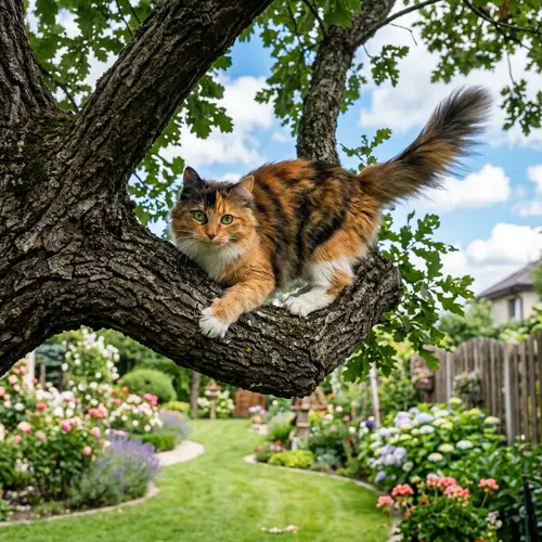 Fluffy Calico Cat Playfully Perched in Oak Tree