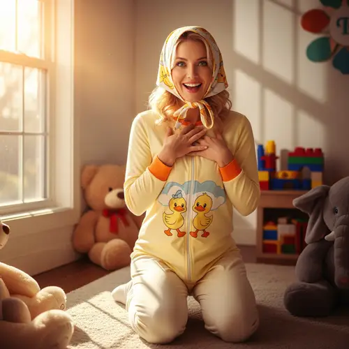 Joyful Indoor Shot of a Blonde Woman in Baby Outfit