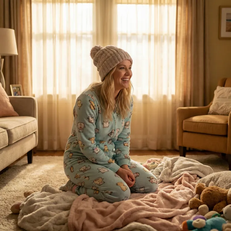 Joyful Indoor Shot of a Blonde Woman in Baby Outfit Joyful Indoor Shot of a Blonde Woman in Baby Outfit