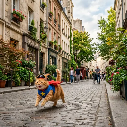 Charming Overweight Cat Playfully Running in Urban Street