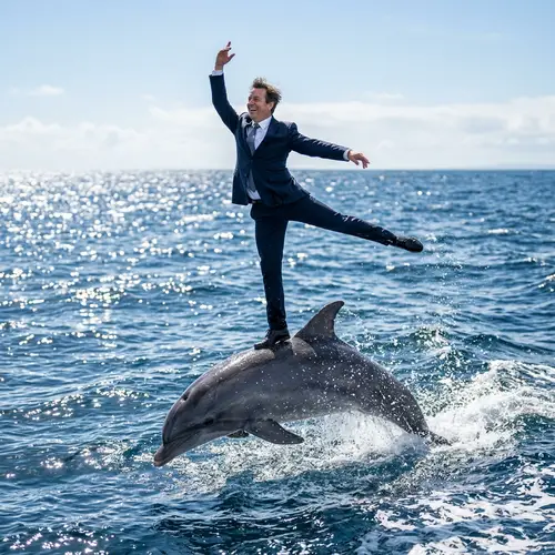 Middle-Aged Man Dancing with Dolphin in the Ocean