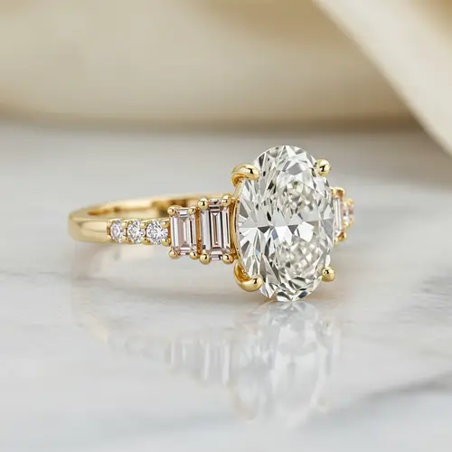 Stunning Oval Diamond Engagement Ring with Baguette Stones