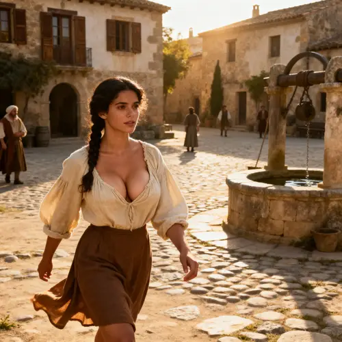 Spanish Medieval Maiden in Village Square