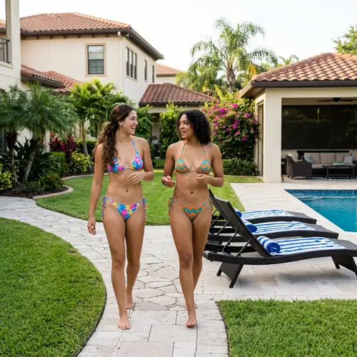 Beautiful Young Women in Colorful Bikinis by Pool