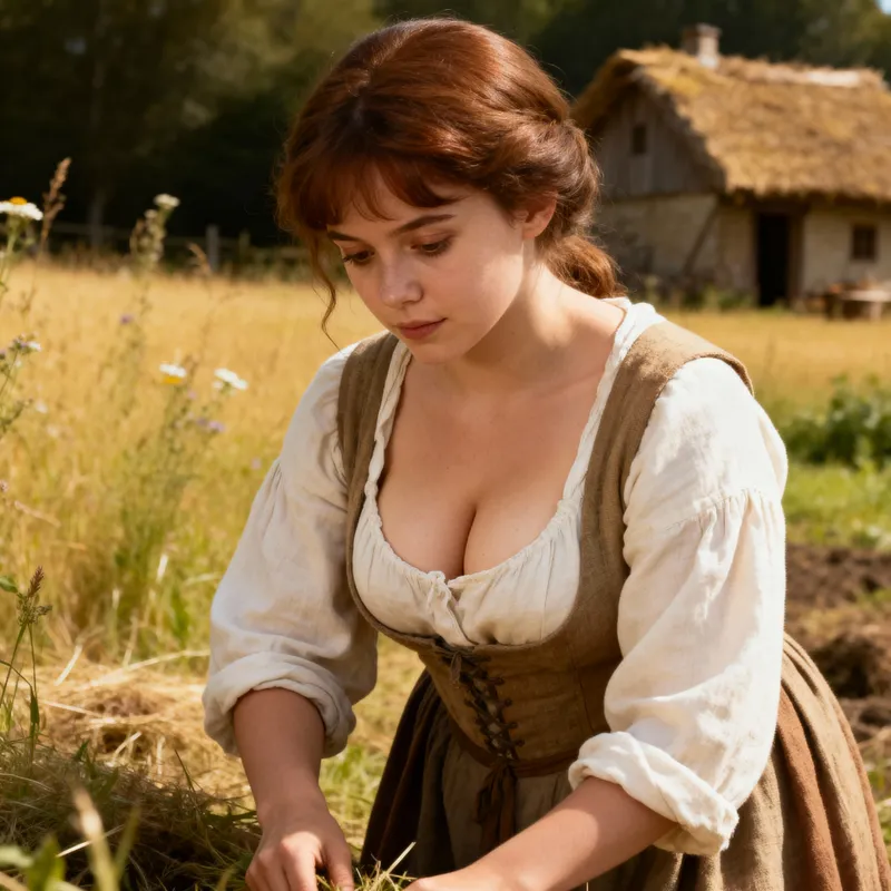 Medieval Peasant Woman in Rustic Farm Setting