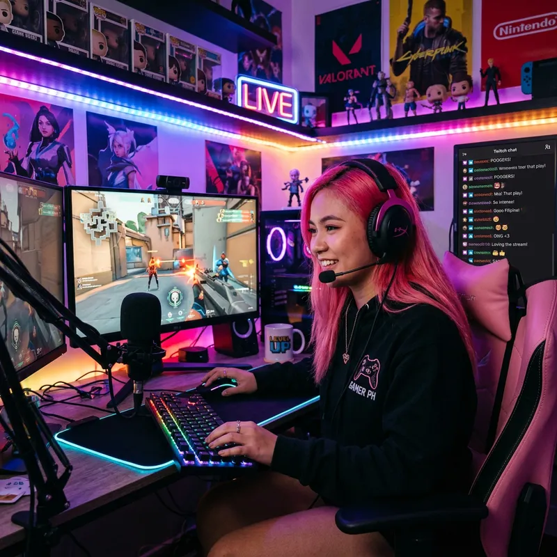 Stylish Filipino Streamer with Pink Hair Mastering Popular Video Game