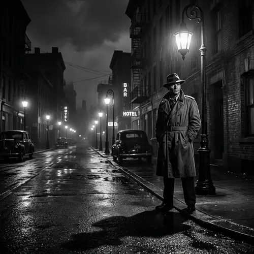 Noir Style Vigilance Scene | Detective in Trench Coat & Fedora