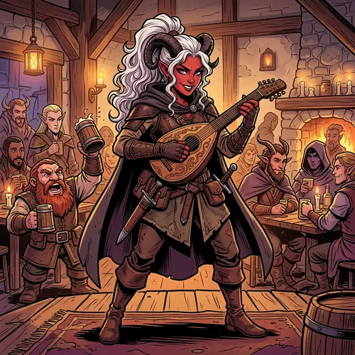 Hispanic Tiefling Musician in Rogue Attire Playing Lute
