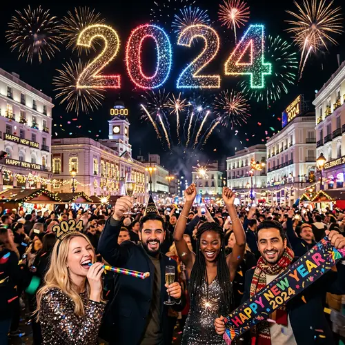 New Year 2024 Festive Fireworks Celebration with People of Various Descents