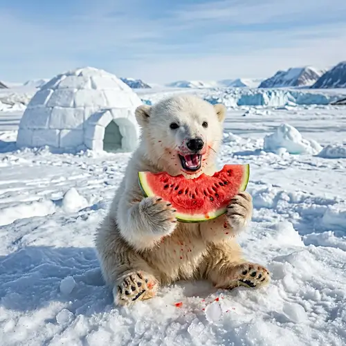 Happy Polar Bear Cub Enjoying Watermelon