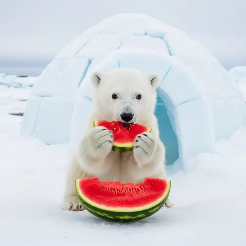 Happy Polar Bear Cub Enjoying Watermelon