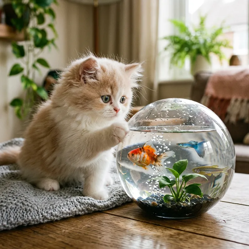 Persian Kitten with Colorful Fish in Glass Sphere Persian Kitten with Colorful Fish in Glass Sphere