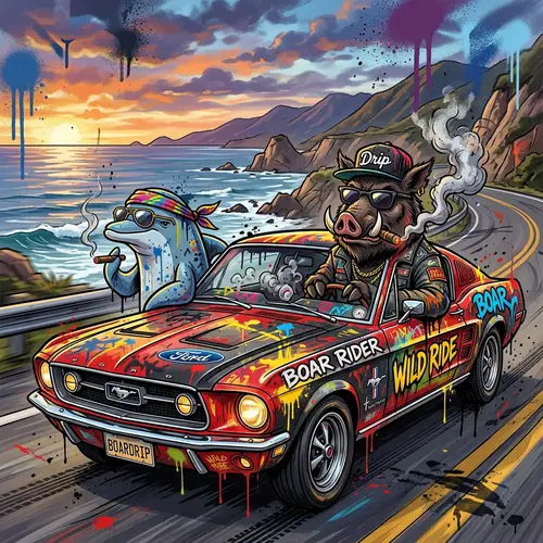 Wild Boar Driving Ford Mustang with Dolphin Co-Pilot