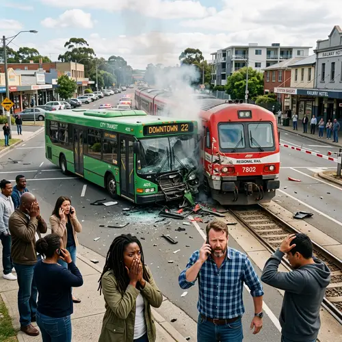Green Bus and Red Train Collision in Semi-Urban Landscape