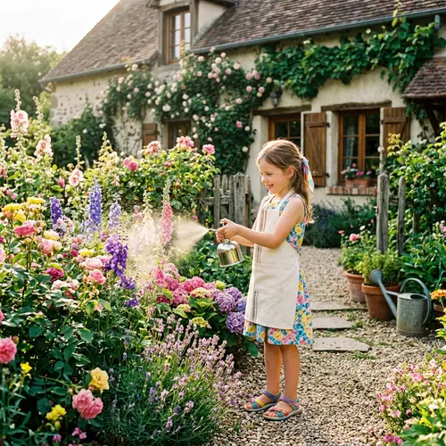 Summer Garden Scene: Young Girl Spraying Flowers in Rustic Setting