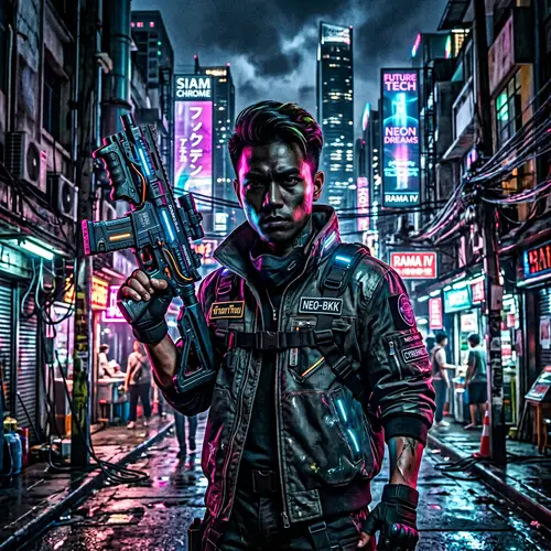 Cyberpunk Style Portrait of a Southeast Asian Man with Futuristic Gun