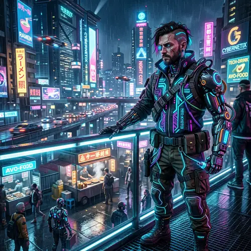 Cyberpunk Style Man - Futuristic 30-Year-Old with Neon Prosthetics