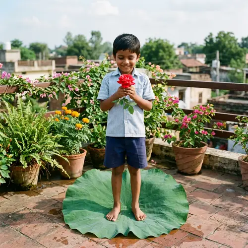 South Asian Boy with Rose on Lotus Leaf in Terrace