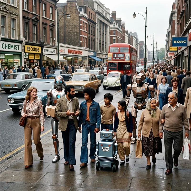 Futuristic Robots Walking Among Diverse 1970s City Crowd