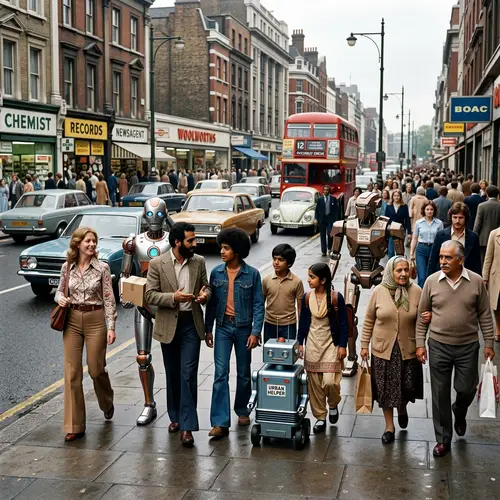 1970s Robots Walking Among Diverse Crowd on City Streets