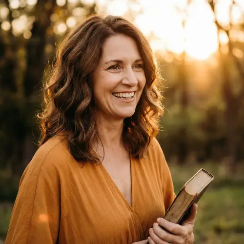 Radiant Middle-Aged Woman with Warm Brown Eyes | Elegant Dress