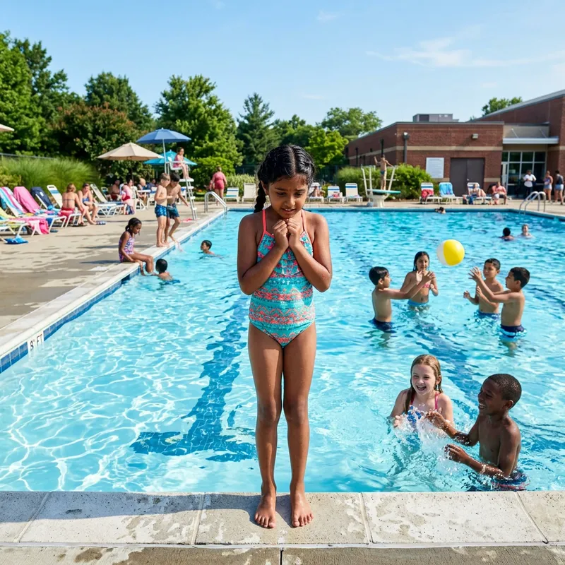 Mia's Hesitant Moment by the Vibrant Pool with Diverse Children