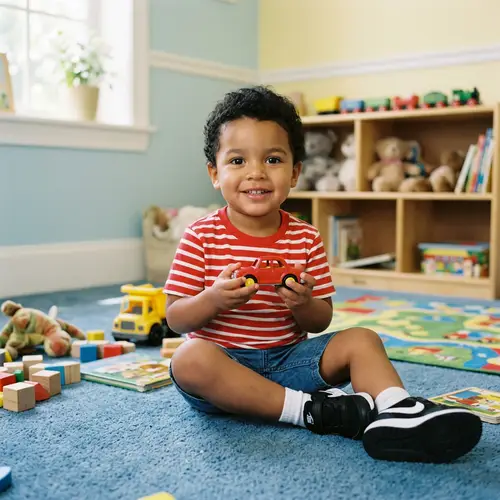 Innocent Hispanic Boy in Red Striped T-Shirt with Toy Car