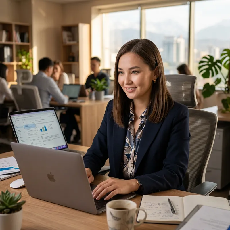 Professional Kazakh Woman with Straight Brown Hair Working on Laptop Professional Kazakh Woman with Straight Brown Hair Working on Laptop
