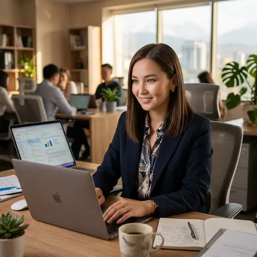 Confident Kazakh Woman with Green Eyes Working on Laptop