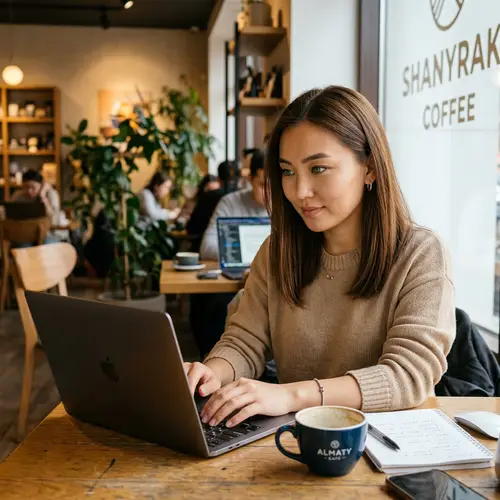 Kazakh Woman with Green Eyes and Brown Hair Working on Laptop