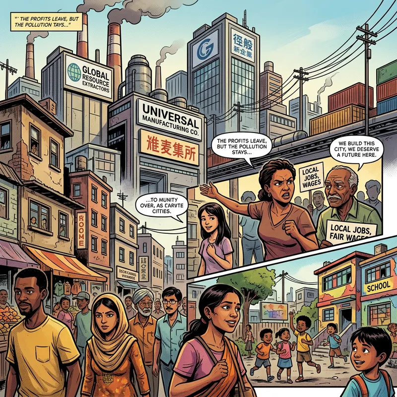 Neocolonialism Comic Illustration: Urban Economic Exploitation Scene