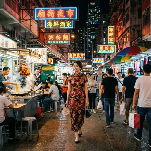 Elegant East Asian Woman in Vibrant Cheongsam, Hong Kong City Scene