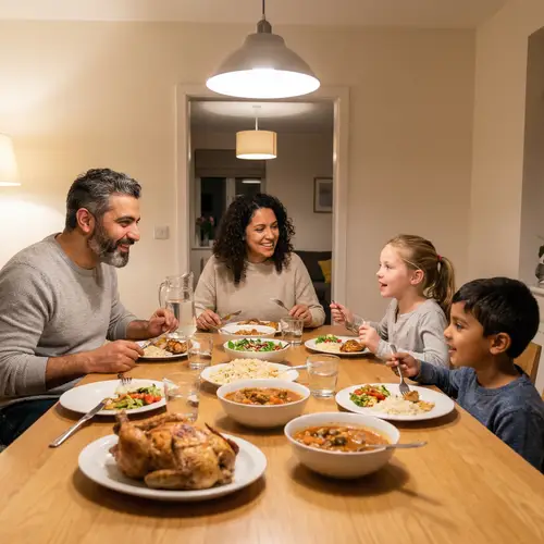 Family Dinner Scene: Parents and Kids Enjoying Meal Together