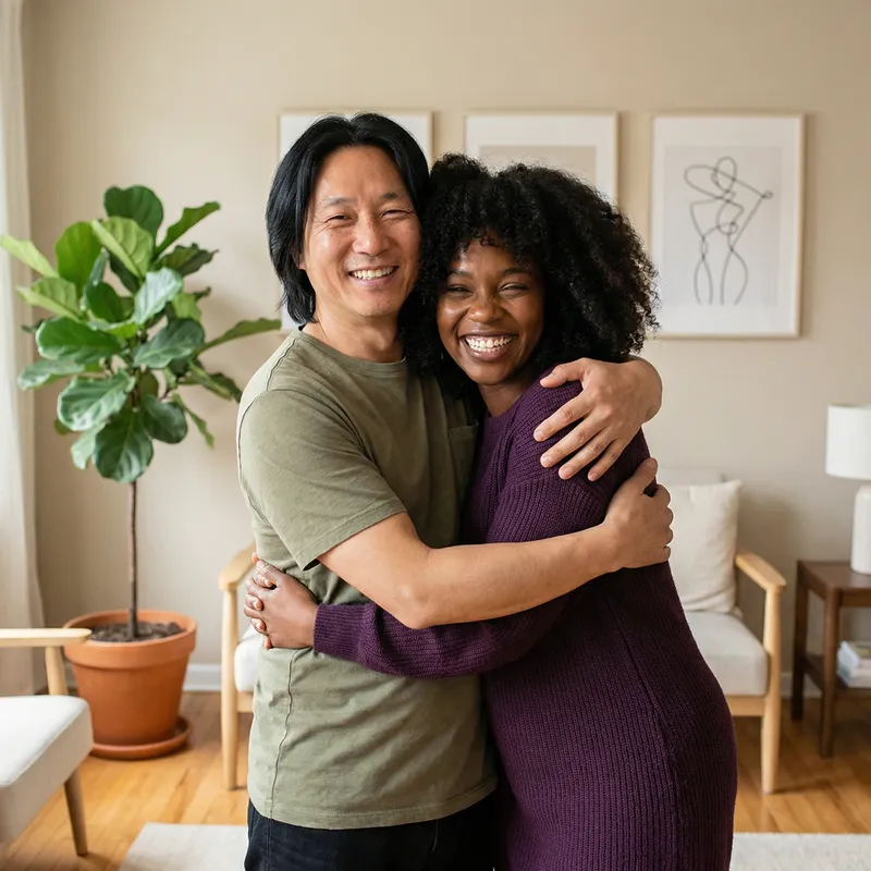 Asian Man Hugging Black Woman - Heartwarming Embrace